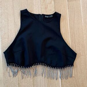 Black Sleeveless Top with Fringe Detail